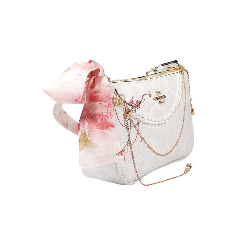 COACH shoulder bag [Customized bag] Nolita 19 Flower Shadows in the Clouds Hand-painted Pink Flower Silk Scarf Bow Pearl Chain Crossbody plum bossom
