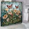 Colourful Glass Meadow Flower Butterfly Print Polyester Fabric Shower Curtain Home Hotel Apartment Bathroom Shower Curtain Decor