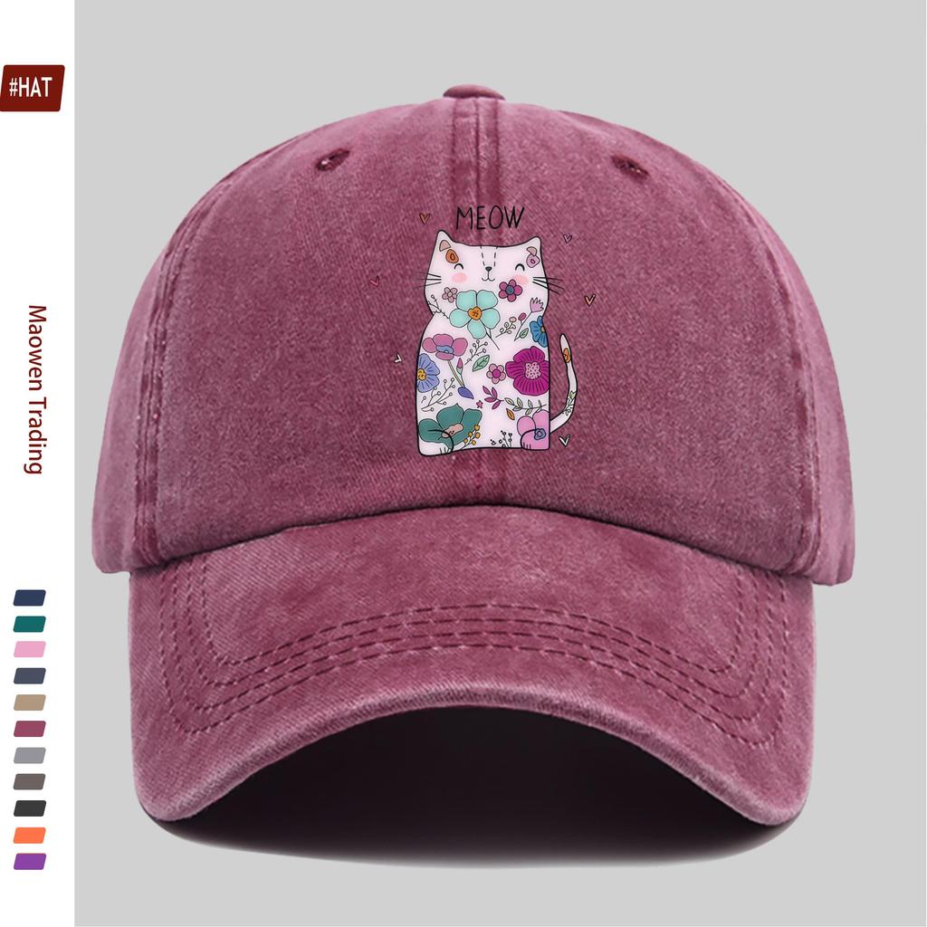 pc Elegant Floral Pattern Cat Print Baseball Cap Fashionable Comfortable Breathable Casual Sun Hat Comfortable Lightweight Tr