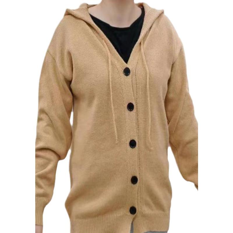 Nowy kardigan z kapturem zapinany na jeden guzik Jesień i Zima Dekolt w serek Jednolity kolor