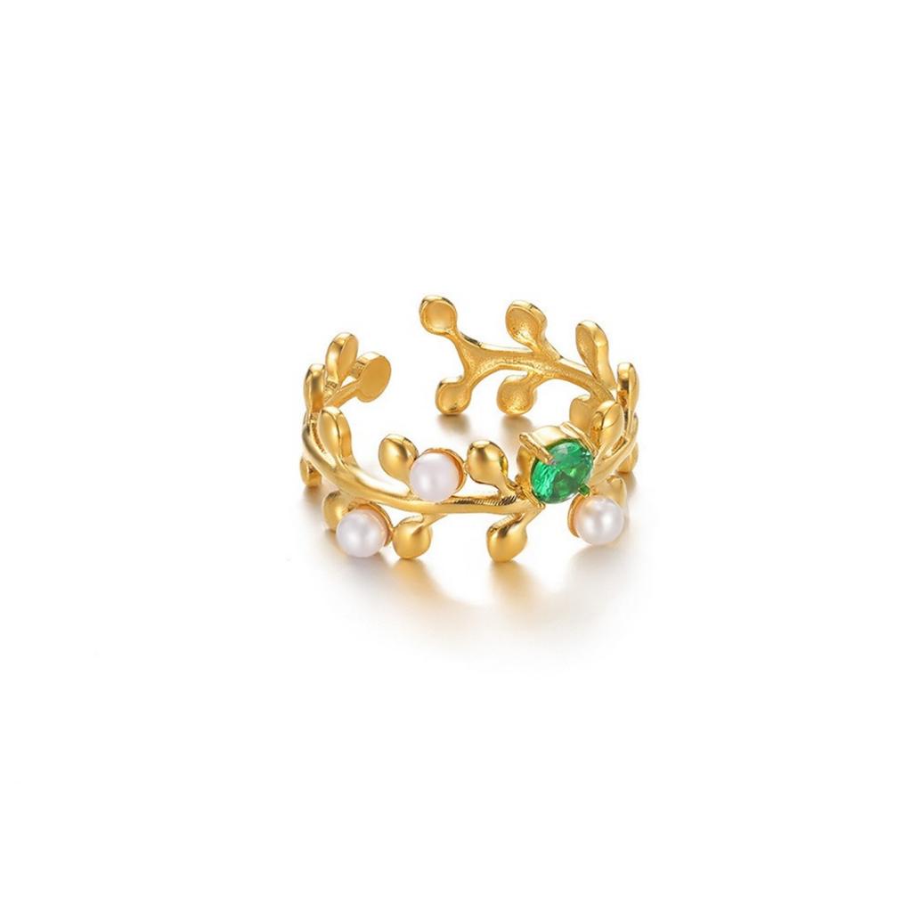 1pc New Exquisite 304 Stainless Steel Rings Gold Color Rhinestone Leaf Imitation Pearl Open Rings For Women Party Club Jewelry