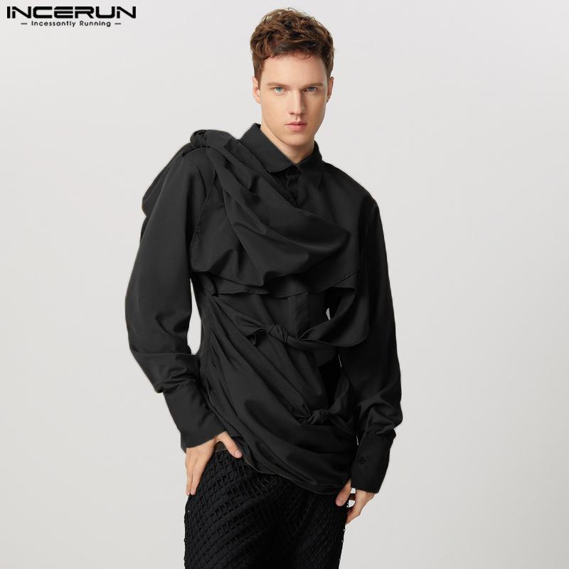 INCERUN Men Irregular Ruffled Shirts Front Cross Hollow Long Sleeve Tops