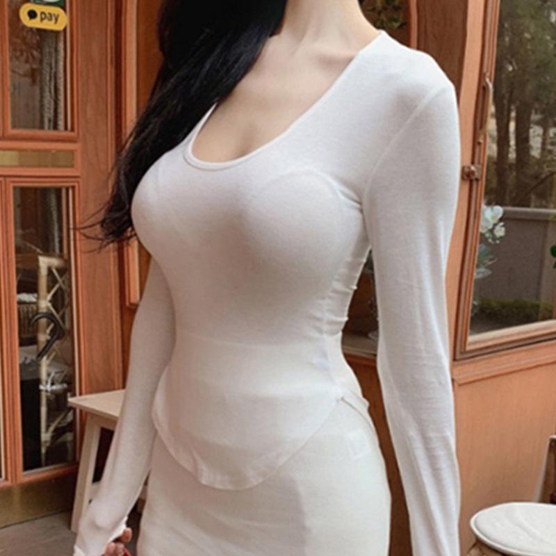 Korean Slim Fit Sexy Curved Hem T Shirt Long Sleeve Top Womens Clothing