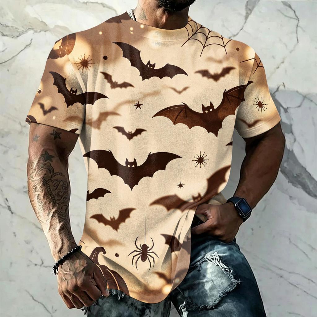 Men's Halloween Vintage Short Sleeve T Shirt Loose Breathable Summer Sports Streetwear Casual Everyday Top with Bat and Spider Web Print