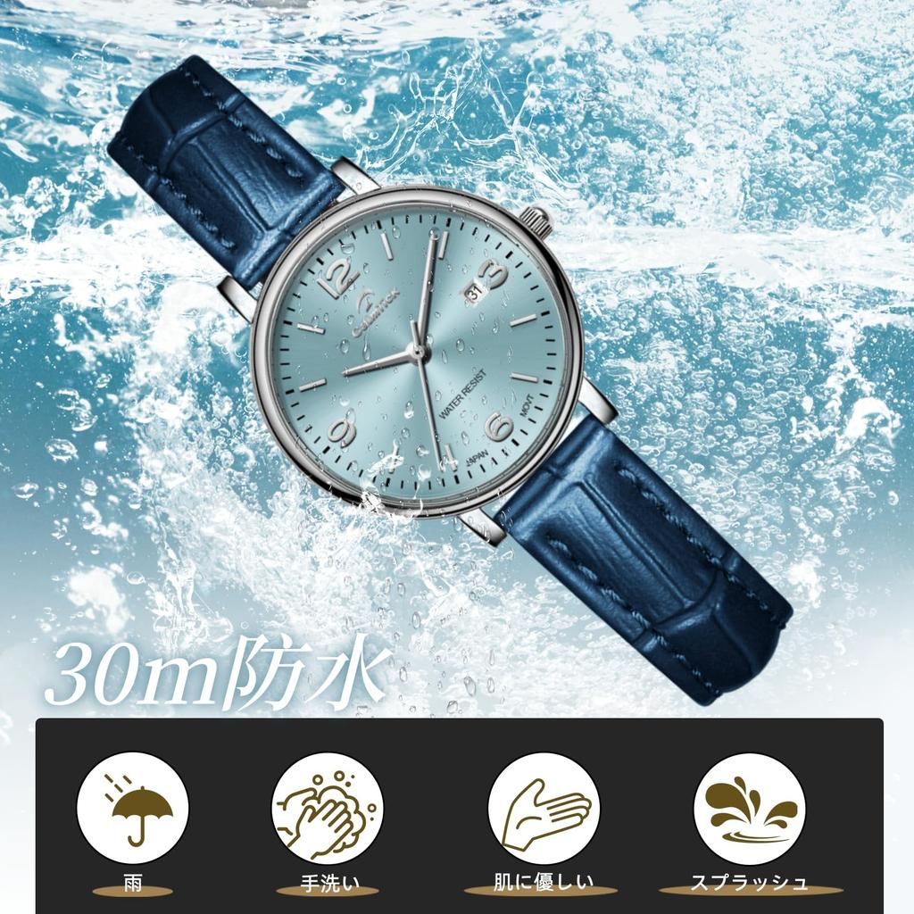 CalmTick Women's Watch Japanese Movement 3-Year Battery Life 30m Water Resistant Date Display Stainless Steel Case 32mm Slim Compact Blue