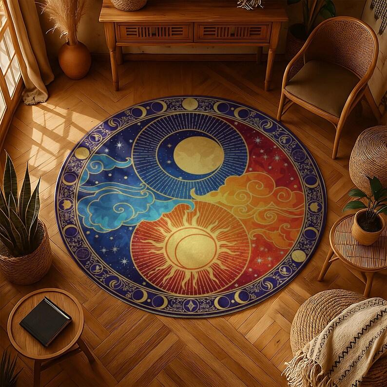 Black and Gold Round Rug Sun and Moon Design Celestial Yin Yang Carpet Boho Mystical Floor Mat Unique Spiritual Home Unique Gift