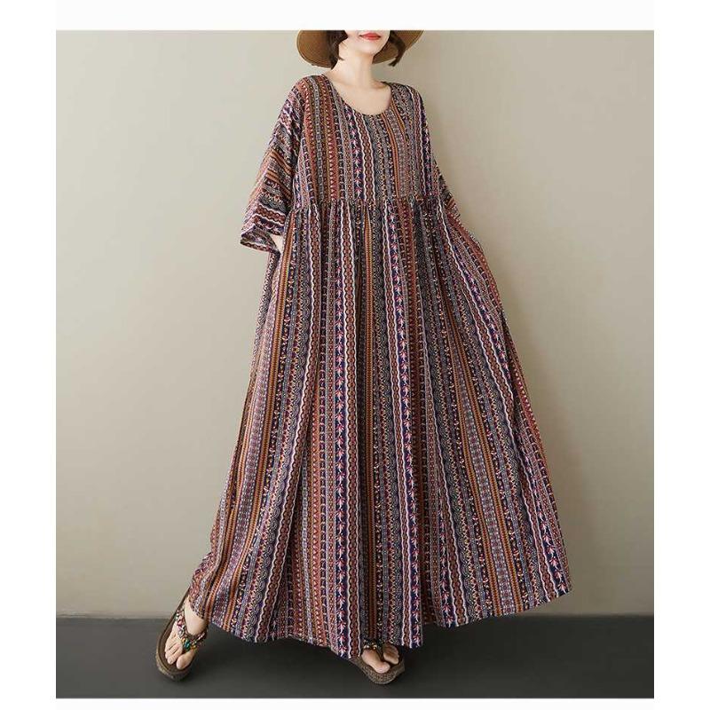 Summer Retro Age Reducing Ethnic Style Round Neck Short Sleeved Striped Dress