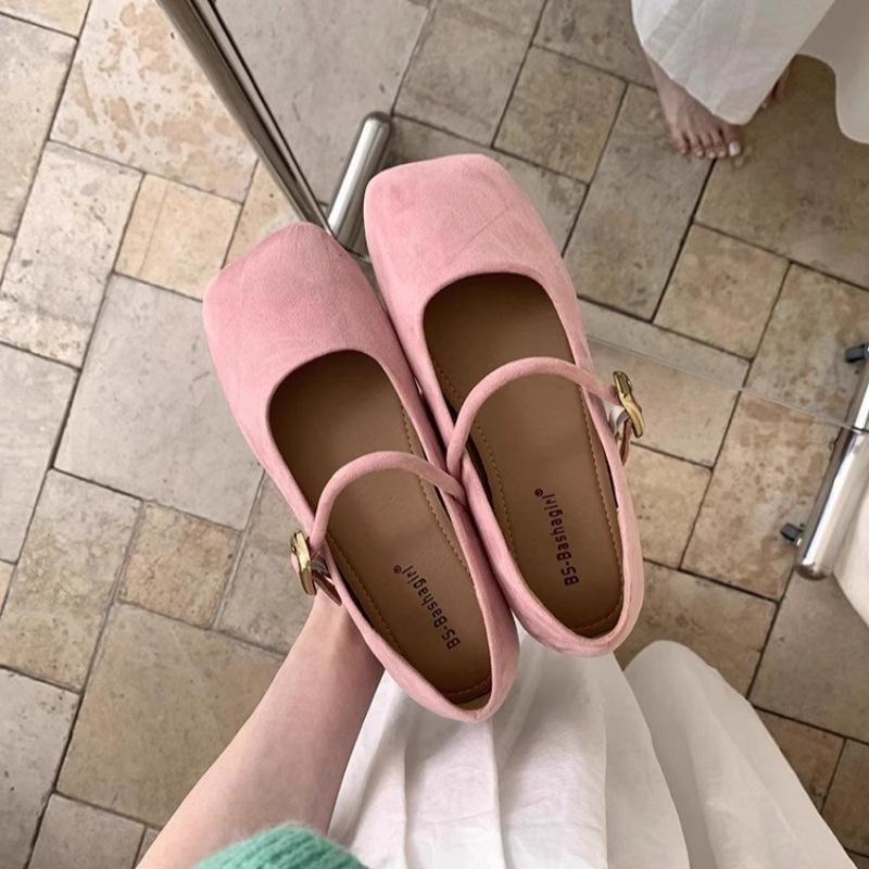 

Dopamine fairy with skirt single shoes female new gentle suede square head flat bottom ladle shoes 40 розовый