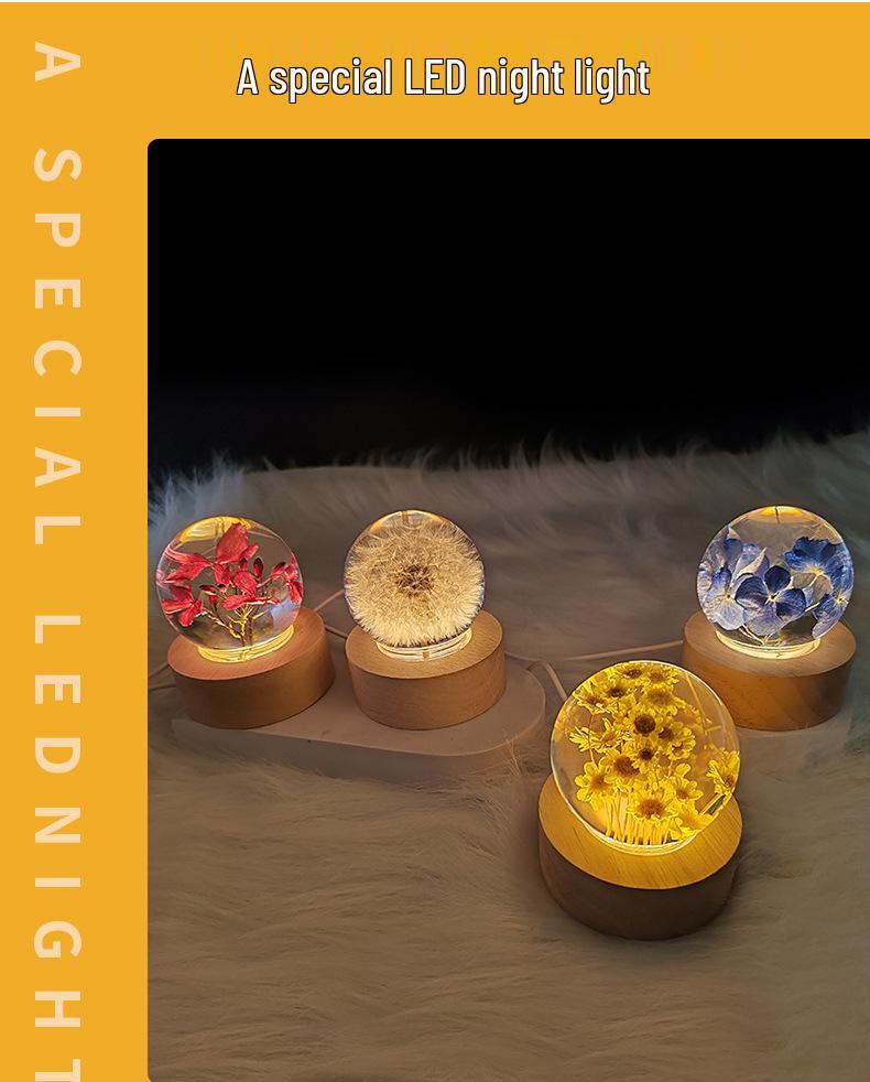 Touch Dimmable Crystal Ball Lamp with Creative Resin Flowers for Mid-Autumn Festival