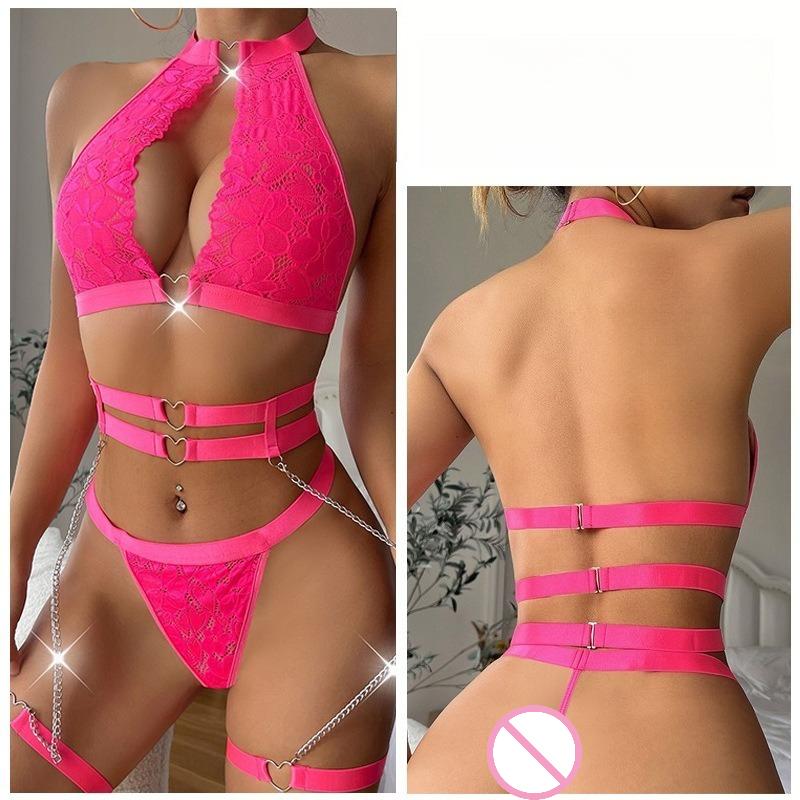 Sexy Lingerie Sets Woman Metal Love Chain With Garter Belt Bodysuit Woman Underwear Porn Lace Sleepwear Set Erotic Costumes