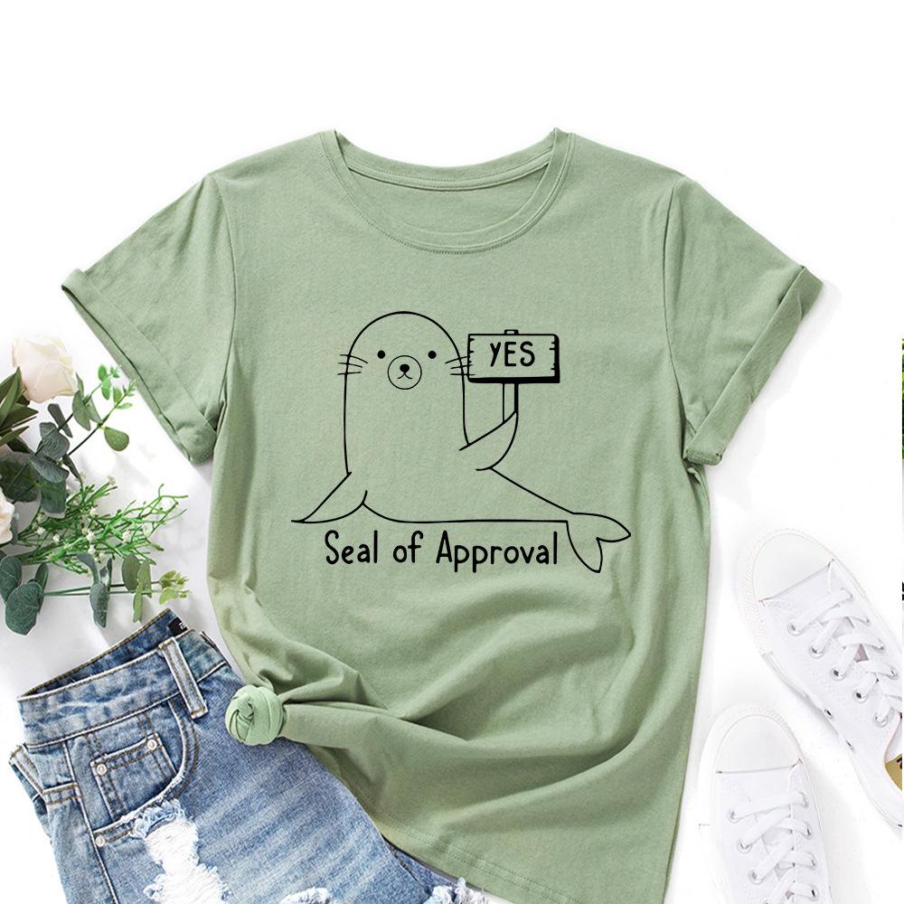 Cotton T-Shirt Short Sleeve Round Neck Women 2d Print Tops