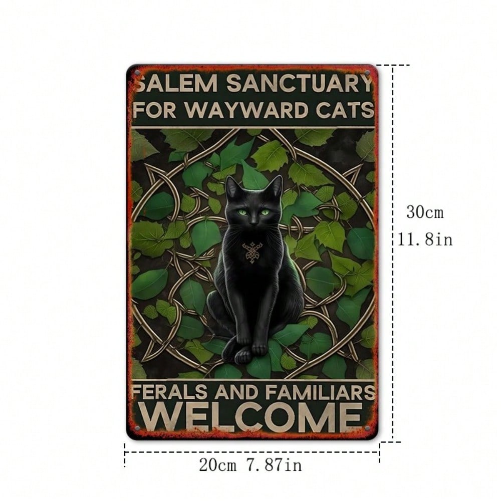 Witchy Cat Sanctuary Metal Plaque, Vintage "Ferals and Familiars Welcome" Black Cat Decor, Home Art AccentforCat&Witchcraft Fans