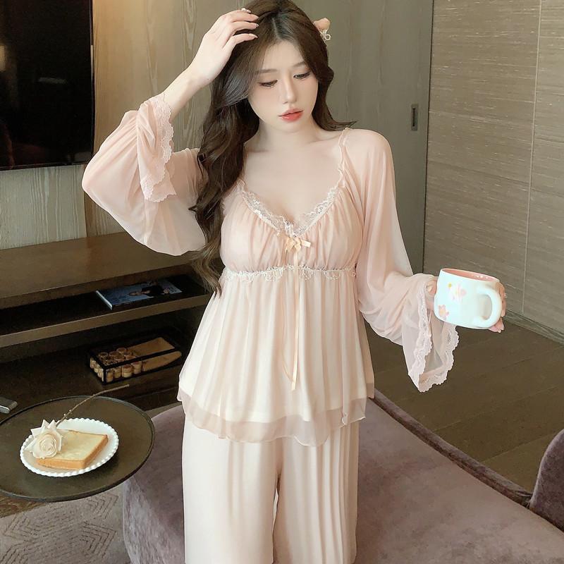 Moderm Silklike Pajama Set For Women With Vneck Long Sleeve Lounge Wear Lounge For Home Office