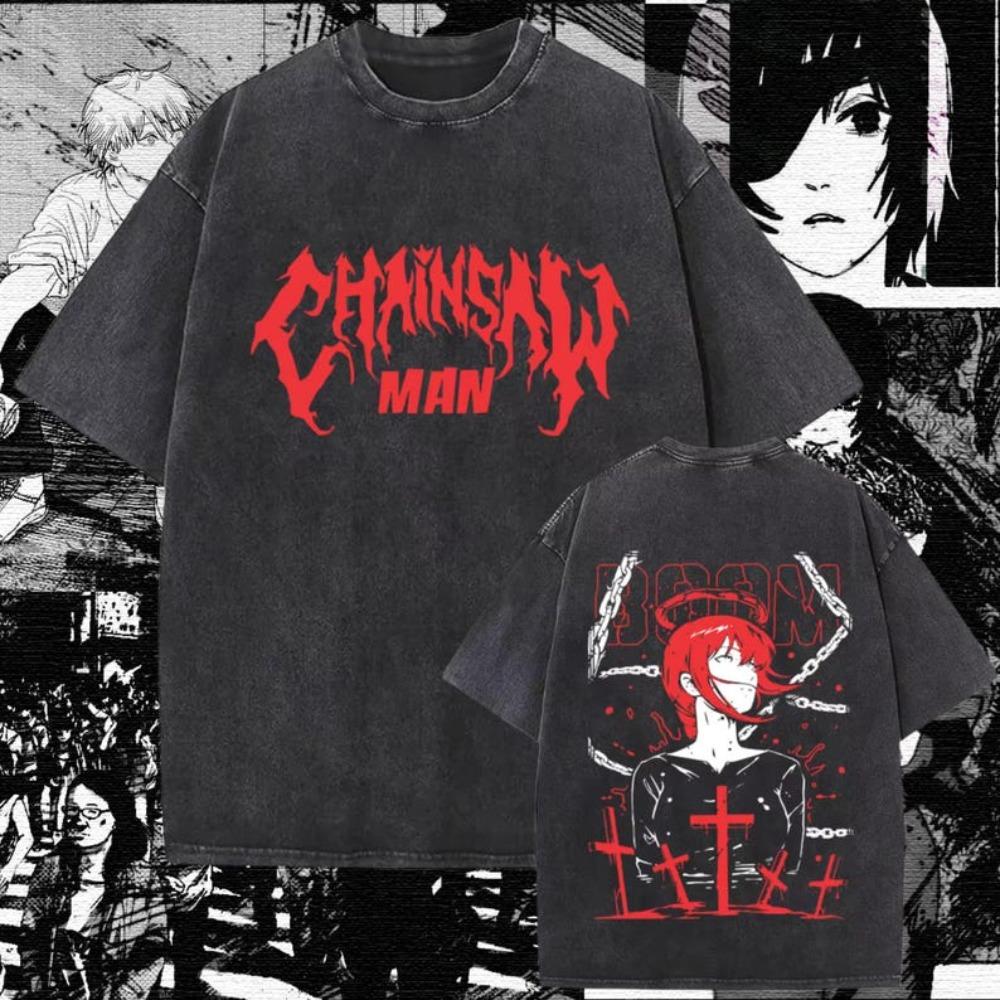 Chainsaw Man Makima Heavy Metal Vintage Washed Anime T-Shirt, Unisex Manga Fan Streetwear Tee, 100% Cotton Casual Short Sleeve Top