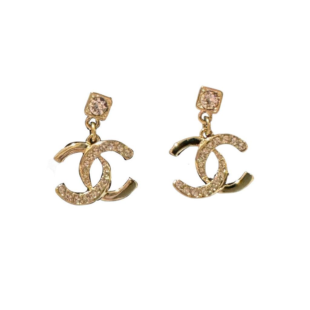 Chanel 24P Letter Splicing Double C Metal Rhinestone Earrings Women Earrings Gold ABD051-B15387-NU491