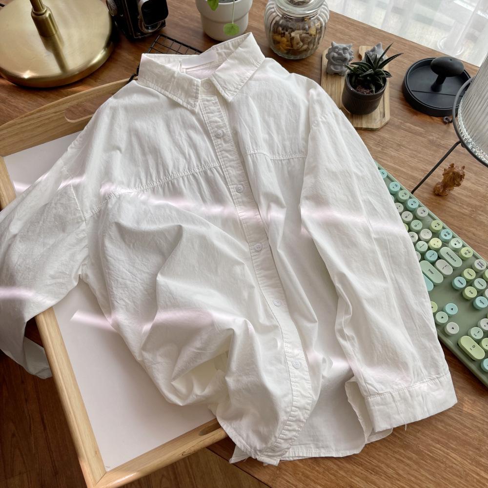 Camisa Simples de Cor Sólida Larga com Lapela Camisa Feminina Moda Casual Elegante Camisa de Mulher para Outono e Primavera