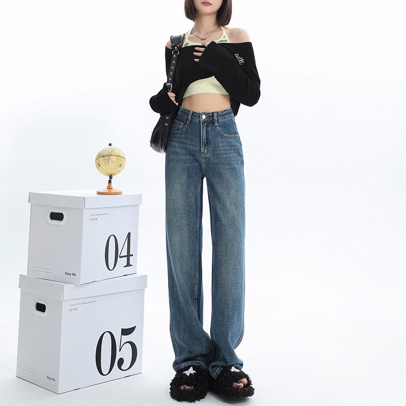 Women's Velvet Wide-Leg High-Waisted Jeans - Autumn/Winter 2025 Collection, Floor-Length Slimming Fit