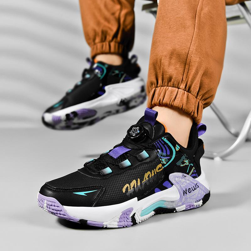 Basketball shoes, rotating button-free lace-up men's and women's leather waterproof running shoes, non-slip, wear-resistant, shock-absorbing