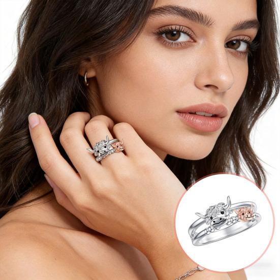 Women Ring Highland Cow Decor Finger Ring Layered Double Loop Mother Child Design Finger Band Western Jewelry Gift
