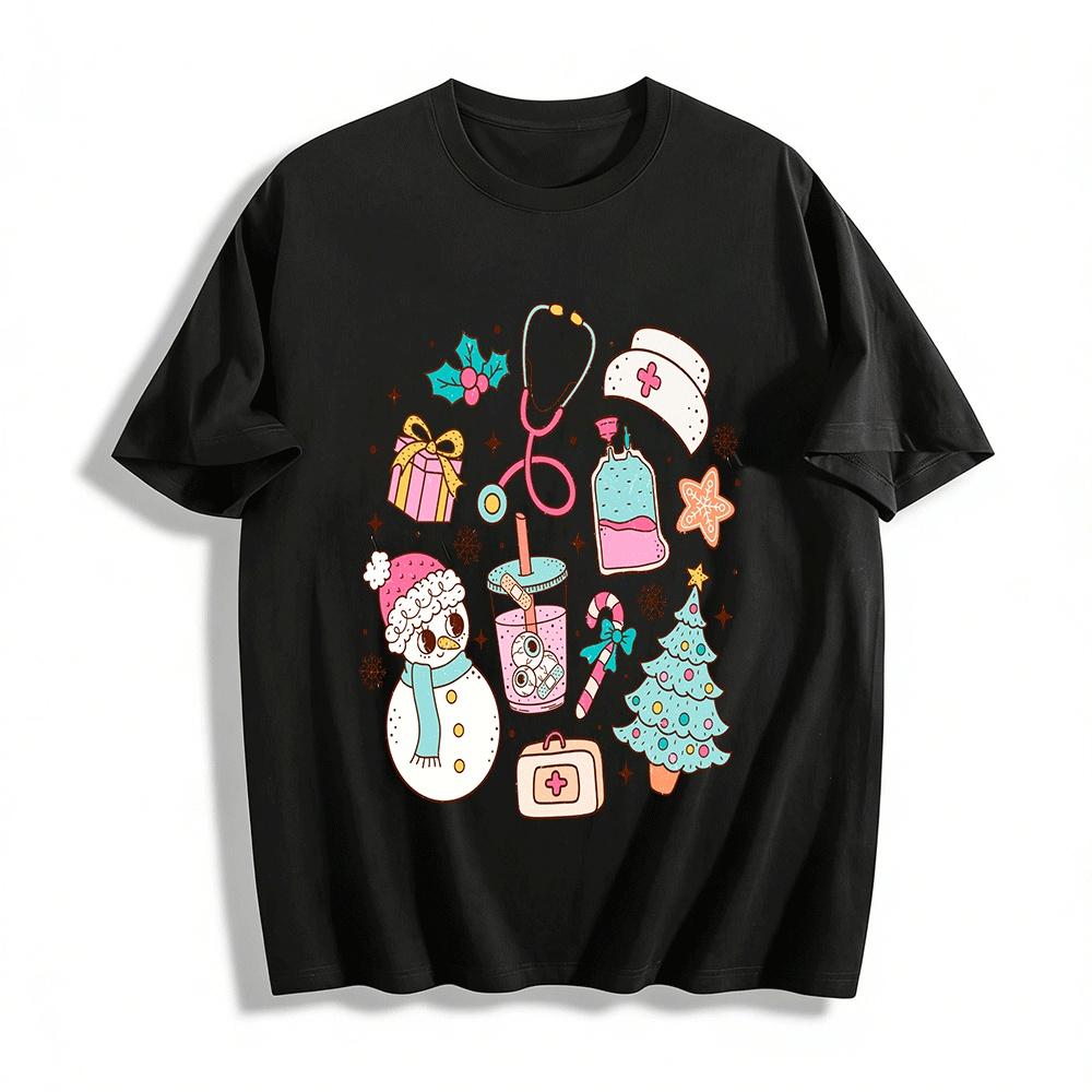 Christmas Medical Themed Fun Print Casual Top Pure cotton T-shirt XXS