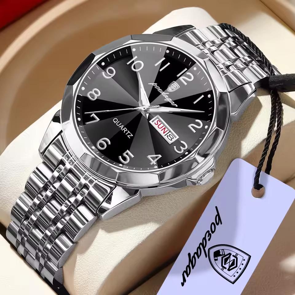 POEDAGAR 1pc Business Men's Stainless Steel Quartz Waterproof Luminous Watches, Dual Calendar Display, Men Gift