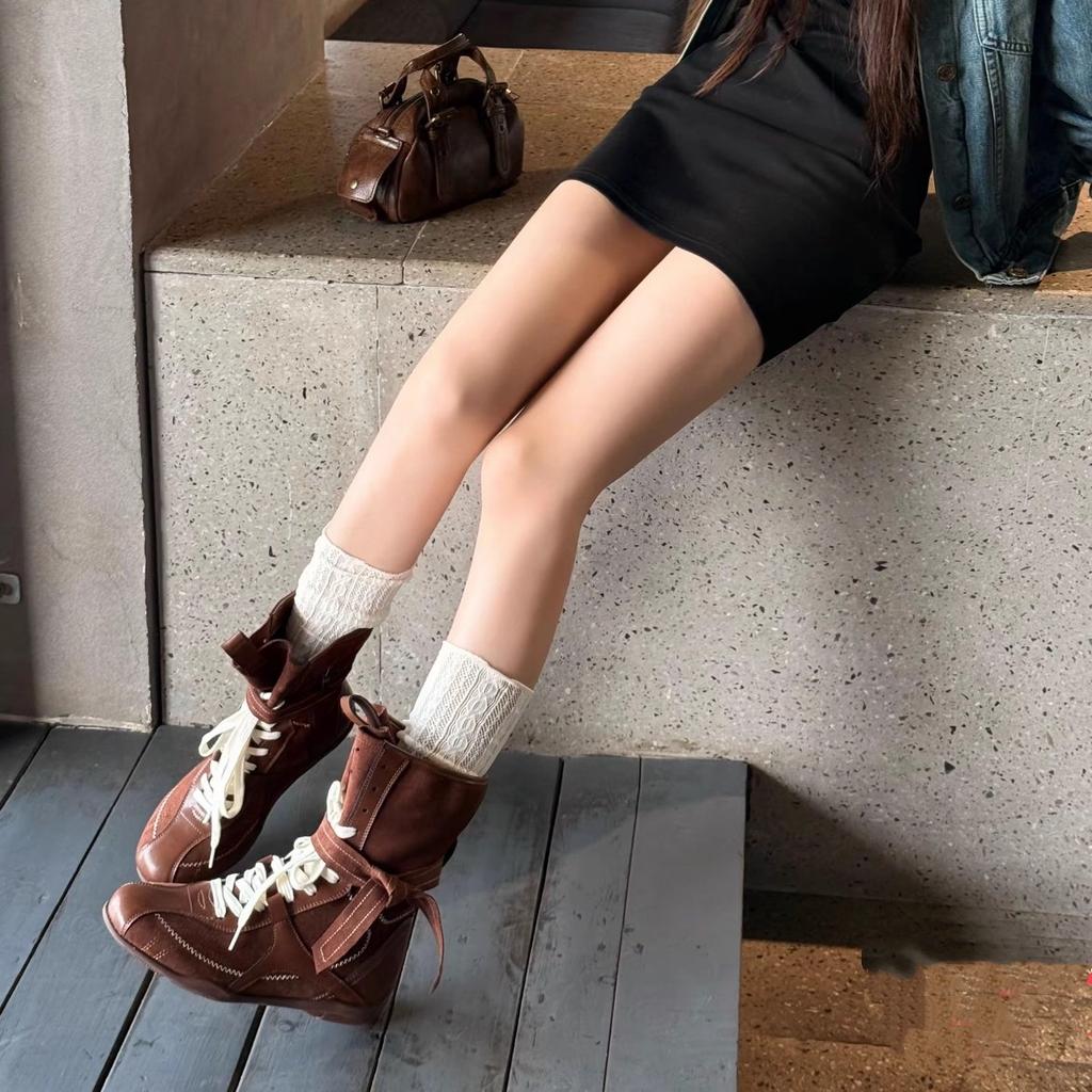 Vintage Leather Martin Boots Women's Western Boots Color Matching Inner Height Increase Strap Short Boots Tooling Boots