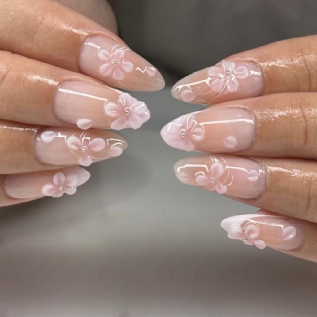 24PCS Sweet Purple French Press On Nails Cute 3D Flowers Ripples with Lace Pattern Almond Fake Nails for Women Wearable Manicure