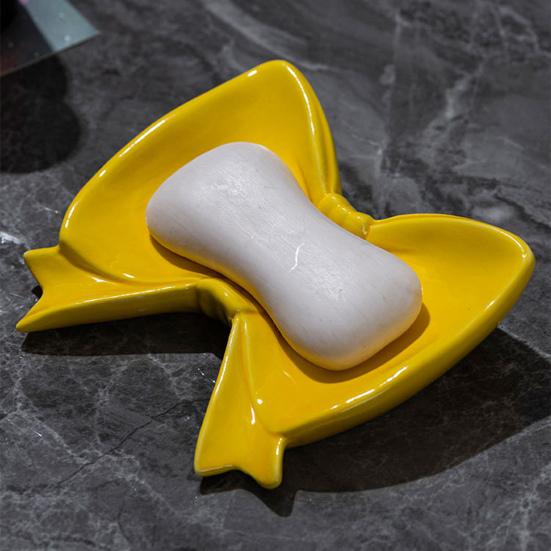 Bow Soap Dish Bathroom Ceramic Soap Holder with Self Draining No Water Accumulation Soap Tray for Home Dormitory Washbasin Bathroom Shelf