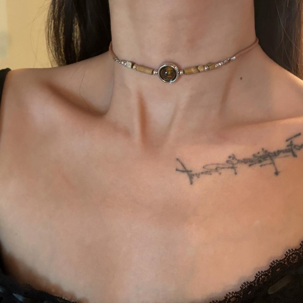 Tiger Eye Stone Beaded Necklace Design Punk Simple Fashion High End Clavicle Chain Short Men's Women's Retro Leather Necklace