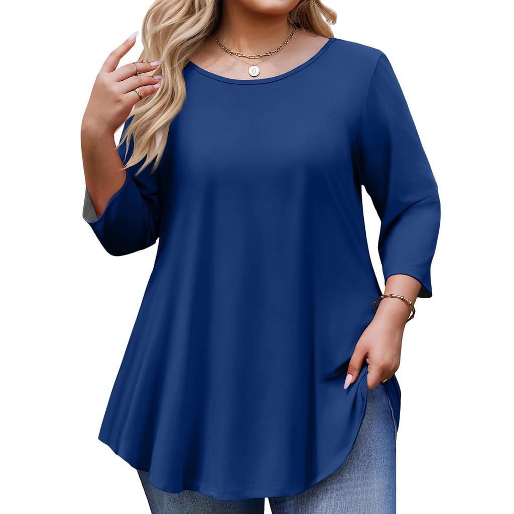 Women’s Plus Size 3/4 Sleeve Tunic Top Loose Fit Round Neck Casual Basic Blouse Soft Lightweight Fabric Comfortable Design
