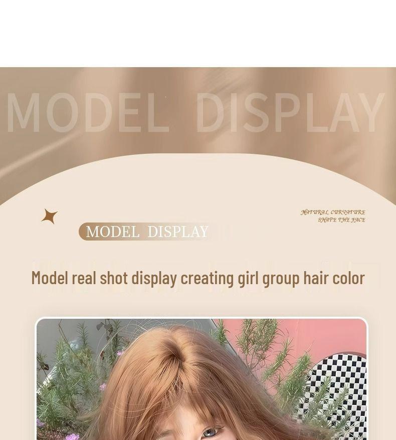 Champagne Color Long Curly Wig with Air Bangs - Korean Style for Women