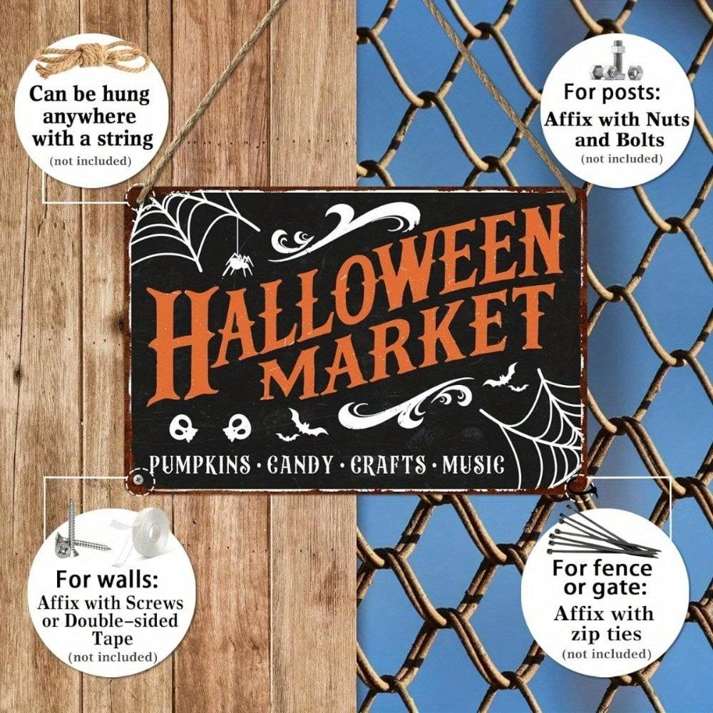 Halloween Tin Sign 8x12in Spooky Witch Pumpkin Ghost Wall Decor, Waterproof, UV Protected, Pre-Drilled Holes