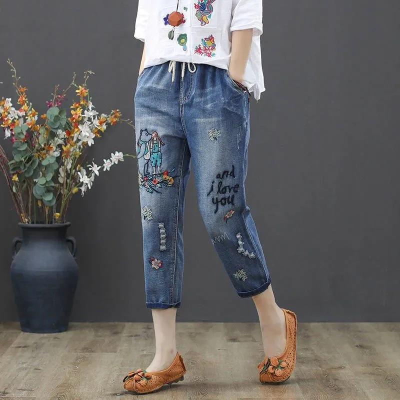 Embroidery Ankle-Length Baggy Jeans Elastic High Waist Capris Lace Up Harem Denim Pants Women  Oversized Pantalon