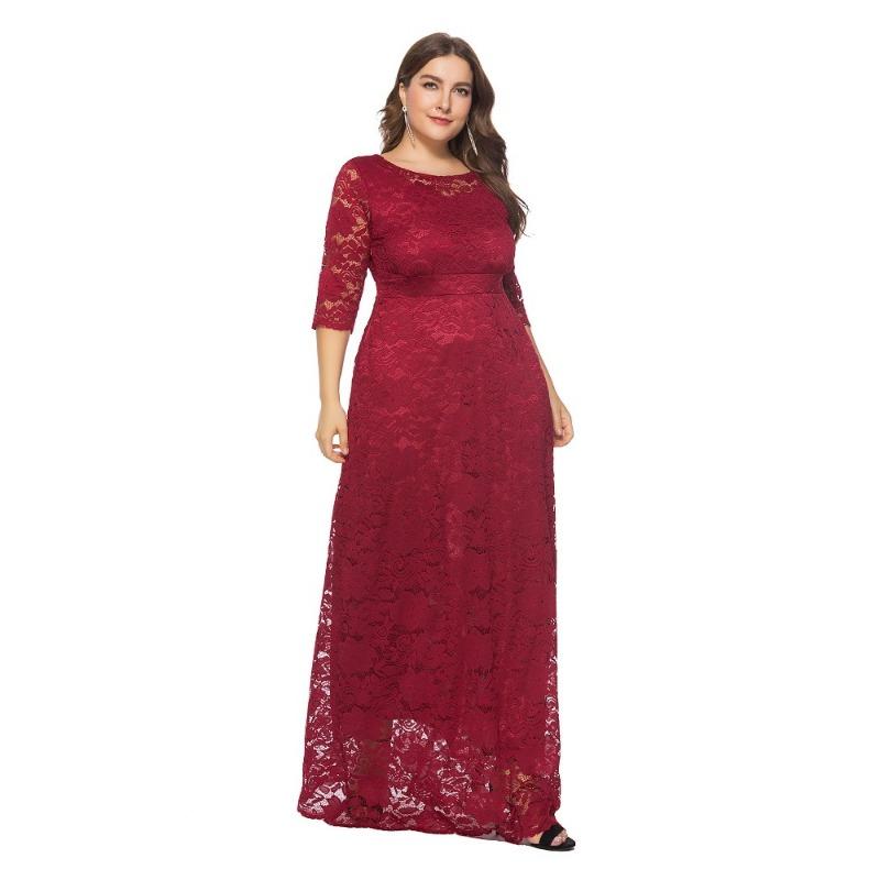 Trendig Plus Size Spetsad Kvällsklänning med Fickor och Urskurna Korta Ärmar
