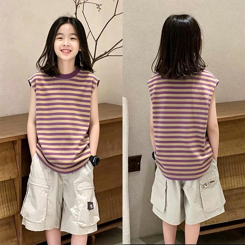 Girls' Korean Style Striped Sleeveless Tank Top - Trendy Summer Wear for Ages 6-12