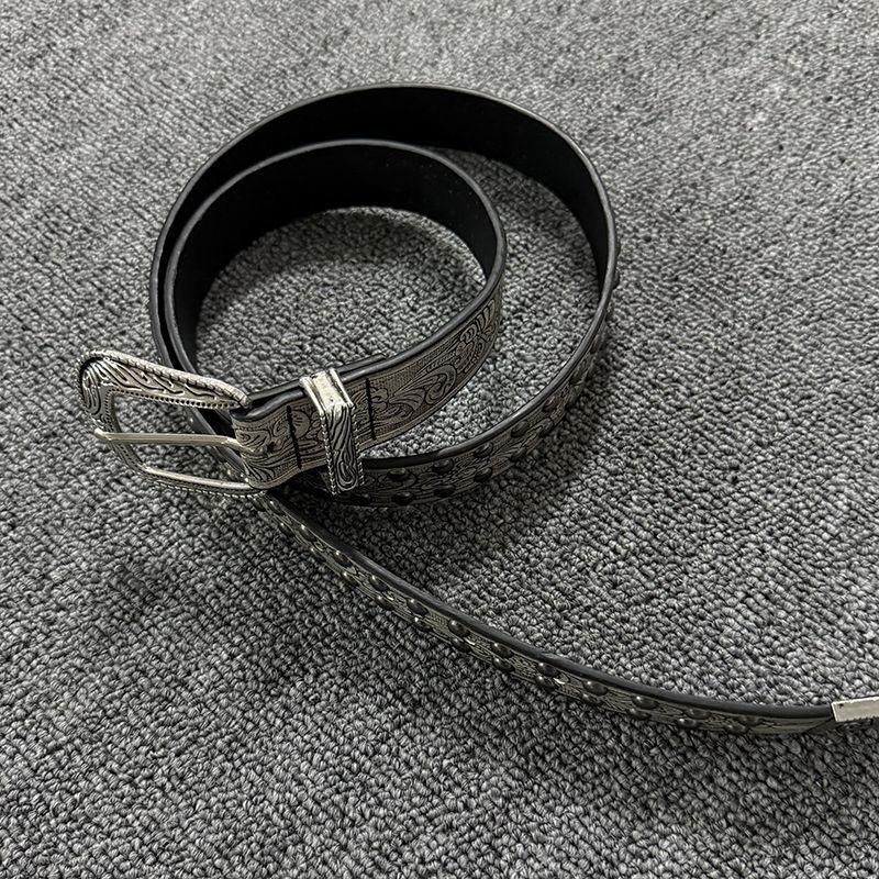 Vintage Western Rivet Belt Silver Carved Metal Buckle Unique Design Simple Belt for Women