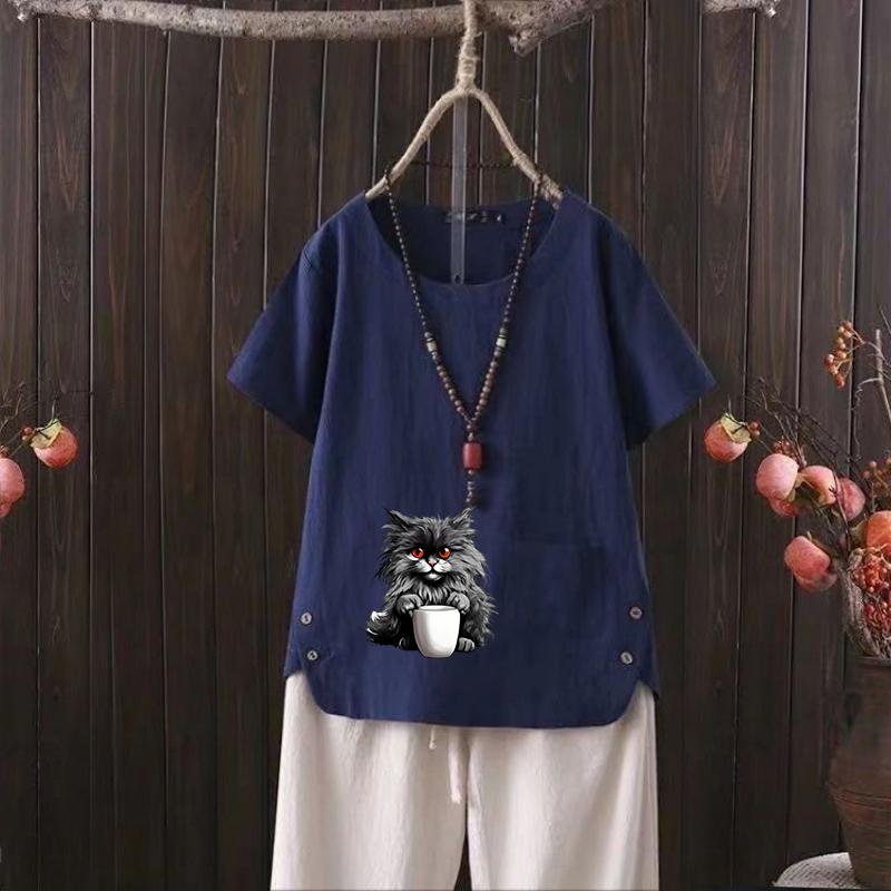 

Летняя женская футболка из хлопка и конопли с принтом кошек и V-образным вырезом 2025 года — стильно и непринужденно 4XL темно-синий
