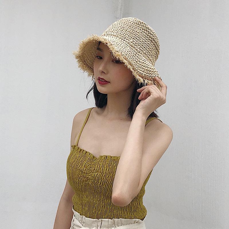 

Hat women s summer versatile travel foldable straw temperament bucket hat women s rough edge straw hat seaside sun hat One size бежевий