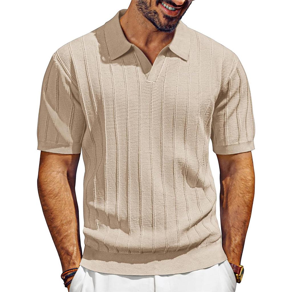 Men’s Short Sleeve Knitted Polo Shirt with Classic Ribbed Texture Casual Lightweight Pullover Top for Everyday Wear