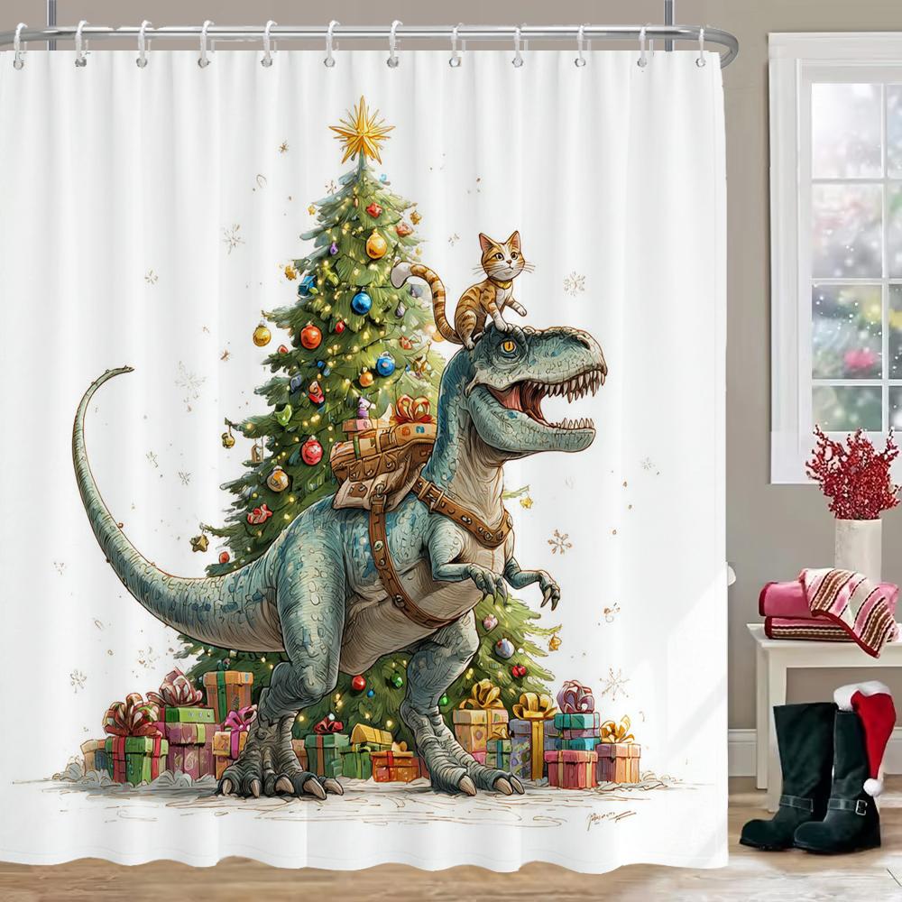 Merry Christmas dinosaur cat Print Bathing Curtain Bathroom Shower Curtain With Hooks bathroom home decor and accessories