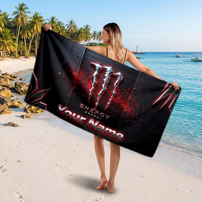 Monster Energy Kişiye Özel İsim Yazılı Plaj Havlusu, Yumuşak Emici Havlu Plaj Havuz Seyahat Kişisel Hediye
