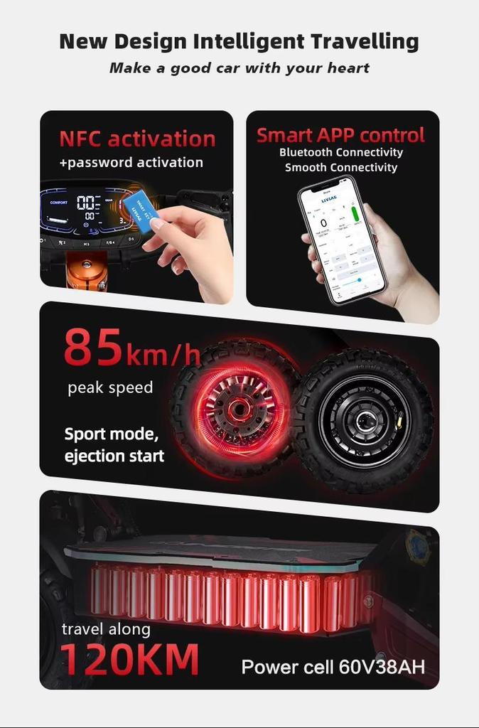 E-Scooter BOYUEDA S5 Elektroroller 6000W Motor 60V38AH Akku 120KM Reichweite 85KM/H Geschwindigkeit NFC Smart App RGB-Lichter Offroad E-Scooter