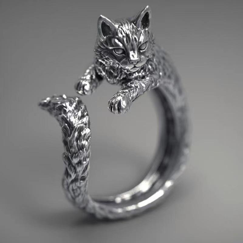 Ретро серебряное тайское регулируемое кольцо с черным котенком - Милое украшение котенок, подарок для мужчин и женщин