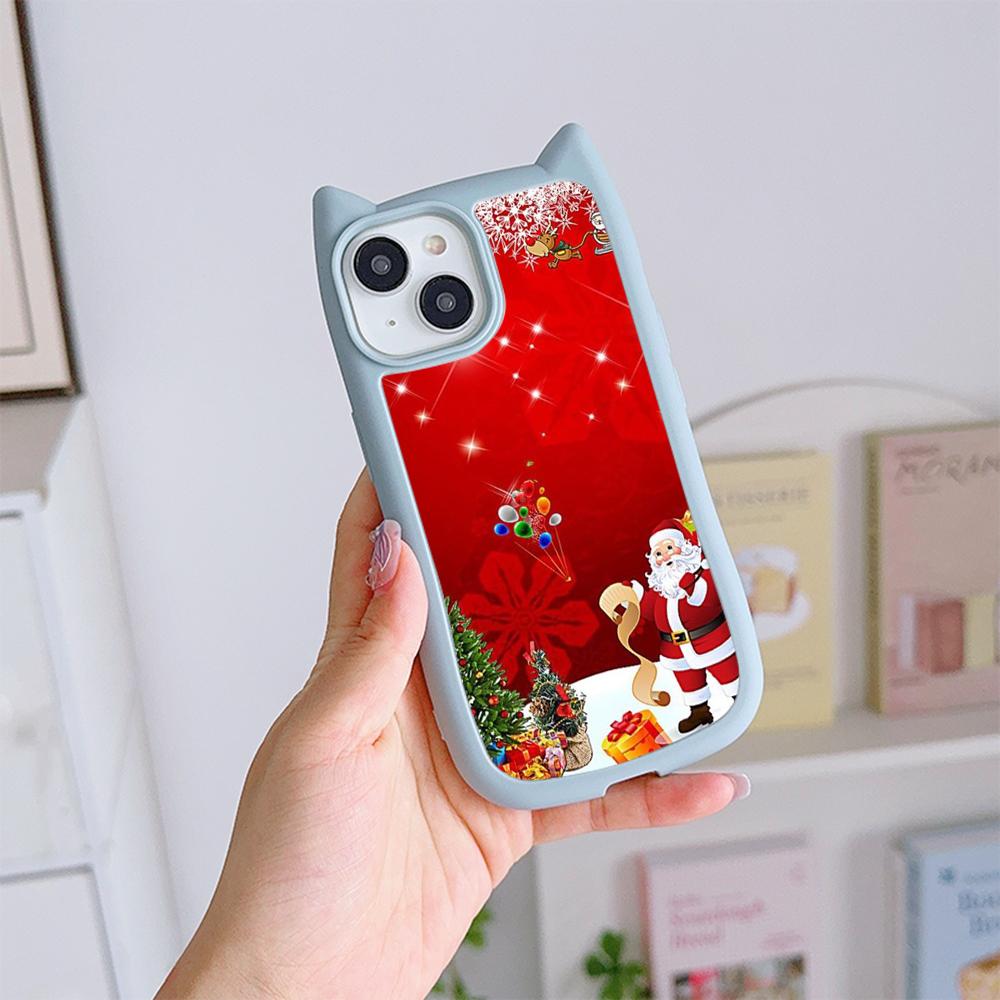 Cat Ear Soft Phone Case for iPhone 16 15 14 13 12 Pro Max Anti-Drop Transparent Acrylic Back Cover NY36 New Year Christmas Santa Claus Christmas tree