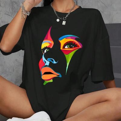 Bemaltes Damen-Gesicht Persönlichkeitsdesign Druck T-Shirt Damen Street Bequemes T-Shirt Weiche Lässige Oberteile Atmungsaktiv Kurzarm