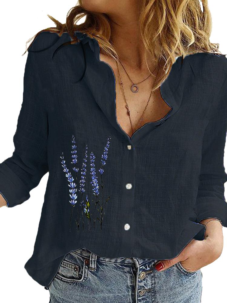 Women Fashion Long Sleeve Shirt Loose Cotton Linen Top Ladies Casual Print Blouses