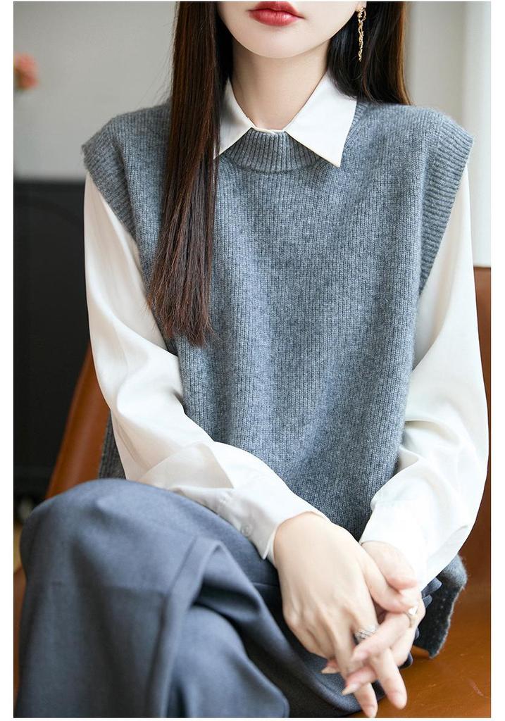 Women's Ribbed Knit Wool Vest - Round Neck Sleeveless Cardigan, Loose Fit Versatile Layering Top