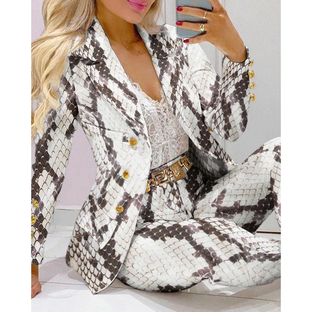 Spring Autumn Fahsion Blazers Pant Sets Casual Long Sleeve Print Coat And Pencil Pant Two Piece Set Office Elegant Suits Women