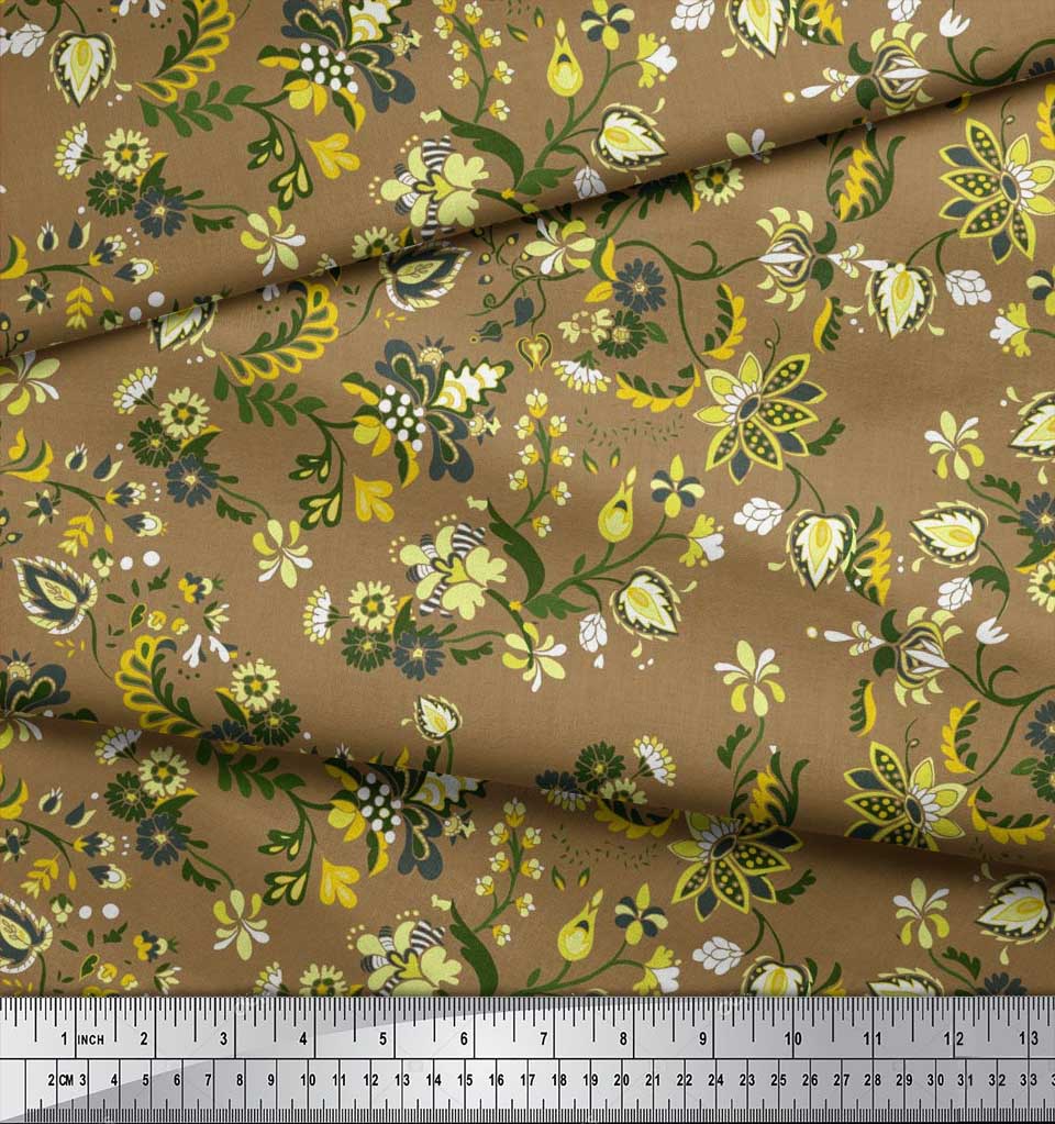 Soimoi Japan Crepe Satin Fabric Leaves & Floral Artistic Decor Fabric Printed Metre 42 Inch