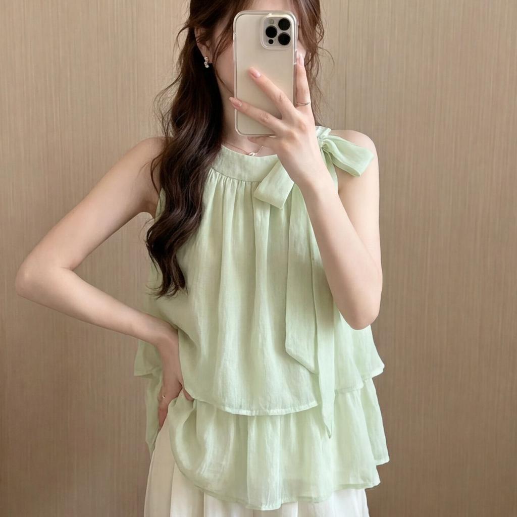 Summer New Pure Desire Style Bow Strap Ruffle Edge Sleeveless Shirt Women's Loose and Thin Versatile Temperament Top